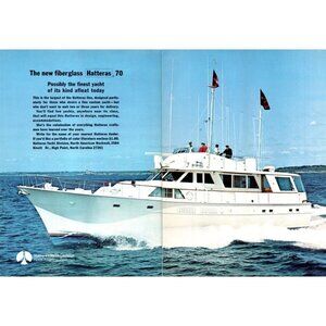1971 Hatteras 70 Fiberglass Yacht 2 Page Vintage Print Ad Nautical Wall Art 70s